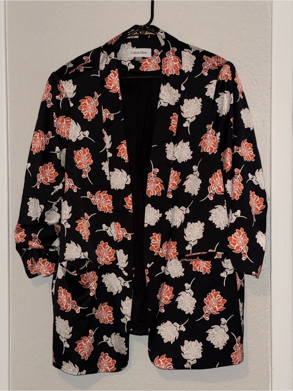 Calvin Klein Black Floral Open Blazer Jacket - Coral & White Floral Size 20